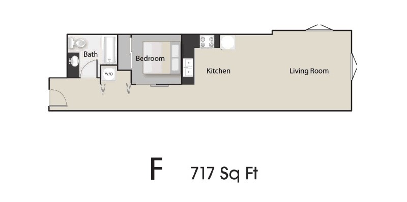 Floor plan for 1 bed, 1 bath, 717 sqft